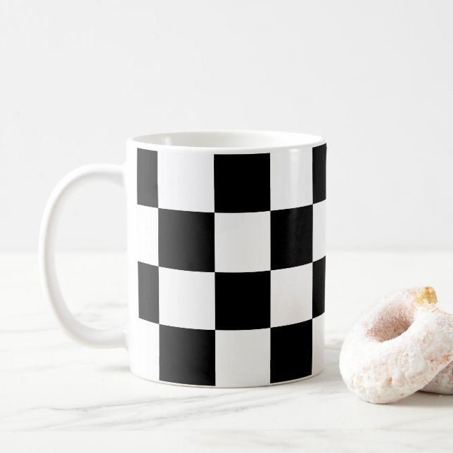 Checkered squares Black and White geometric retro Coffee Mug (With Donut)