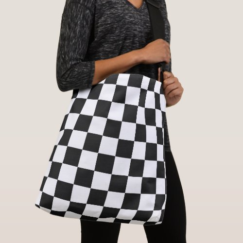 Checkered squares black and white geometric retro crossbody bag