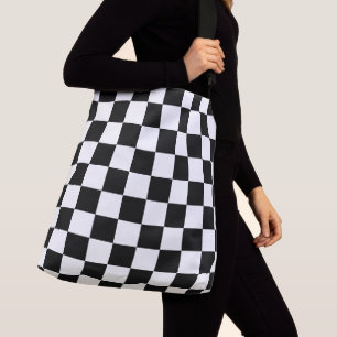 Checkered squares black and white geometric retro crossbody bag