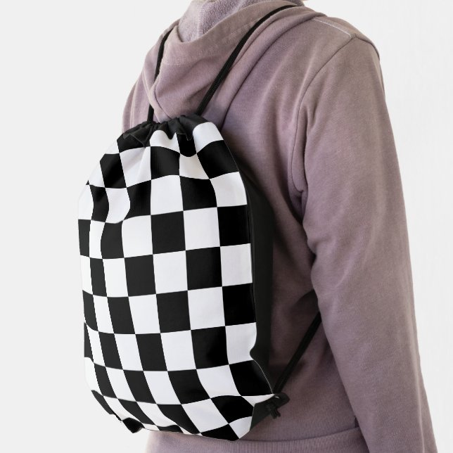 Checkered squares black and white geometric retro drawstring bag (Insitu)
