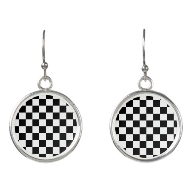 Checkered squares black and white geometric retro earrings (Front)