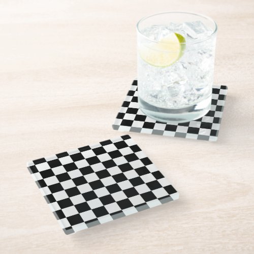 Checkered squares black and white geometric retro glass coaster