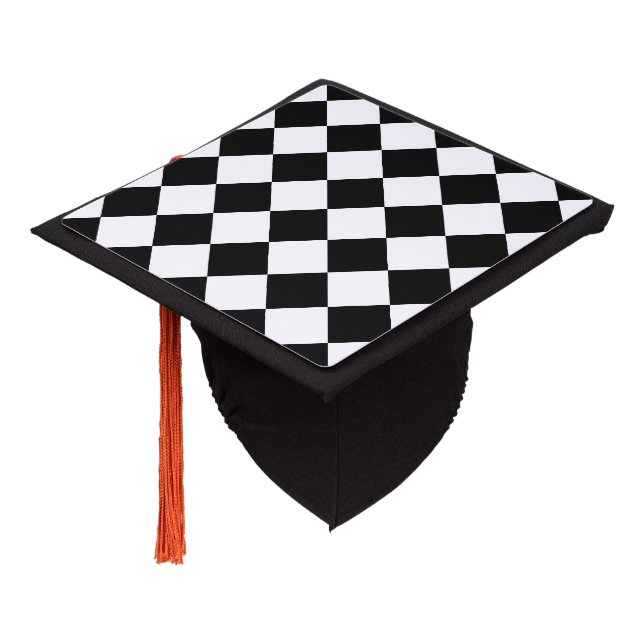 Checkered squares black and white geometric retro graduation cap topper (Angled)