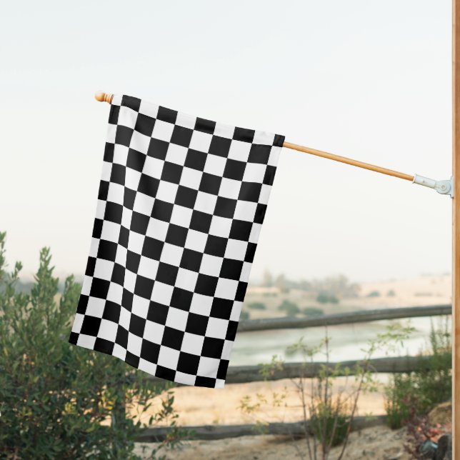 Checkered squares black and white geometric retro house flag (Insitu (Back))