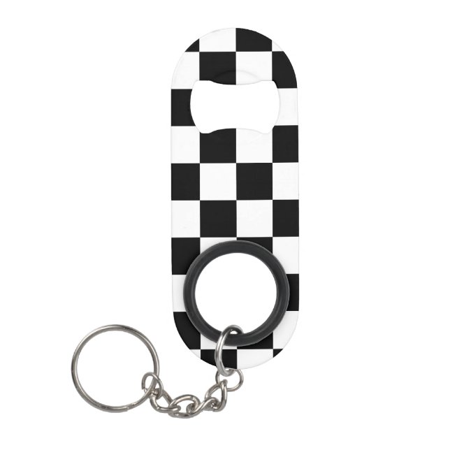 Checkered squares black and white geometric retro keychain bottle opener (Front)