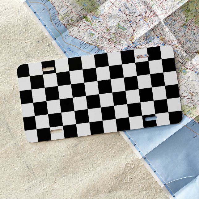 Checkered squares black and white geometric retro license plate (In Situ)