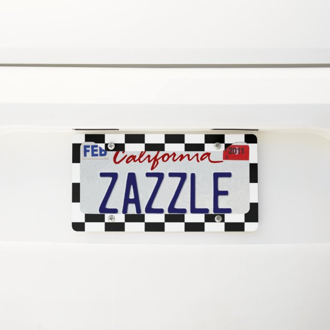 Checkered squares black and white geometric retro license plate frame (On Car)