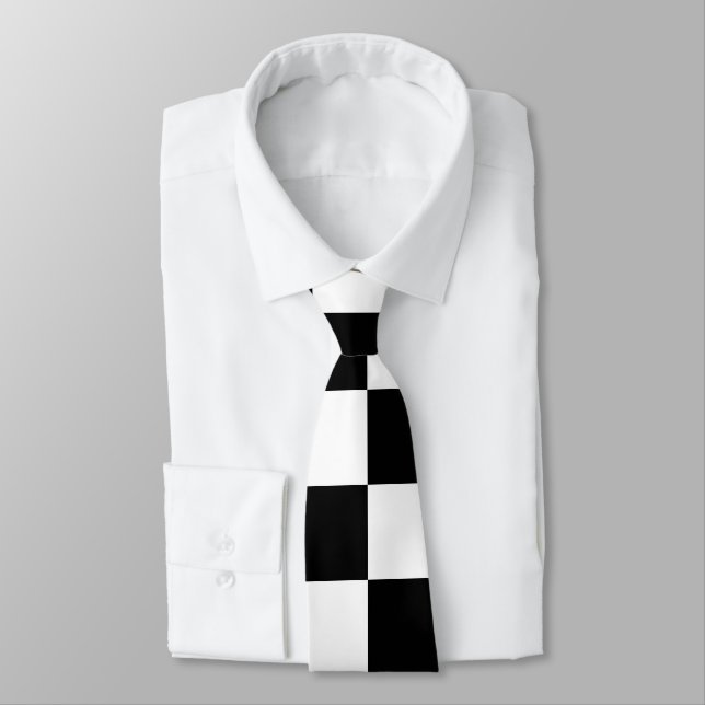 Checkered squares black and white geometric retro neck tie (Tied)