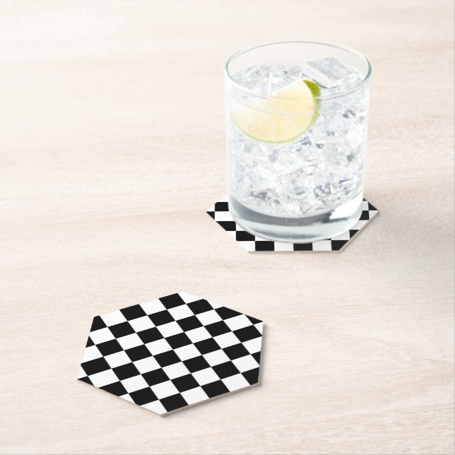 Checkered squares black and white geometric retro paper coaster (Insitu)