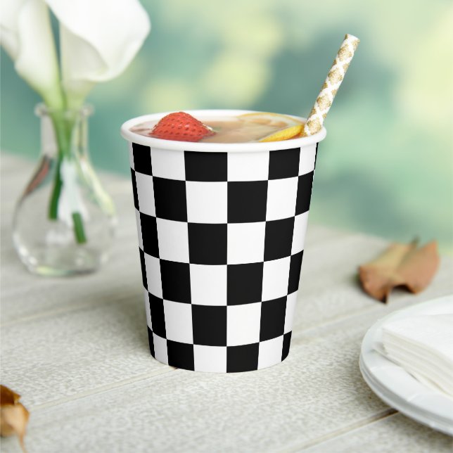 Checkered squares black and white geometric retro paper cups (Insitu)