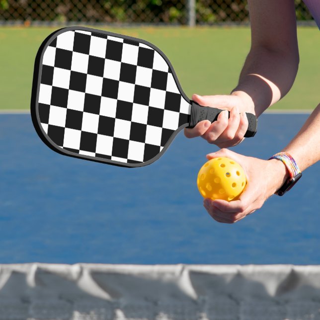 Checkered squares black and white geometric retro pickleball paddle (Insitu)