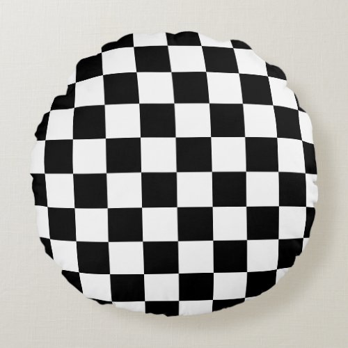 Checkered squares black and white geometric retro round pillow