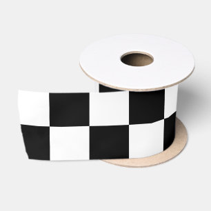 Checkered squares black and white geometric retro satin ribbon