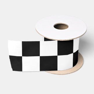 Checkered squares black and white geometric retro satin ribbon