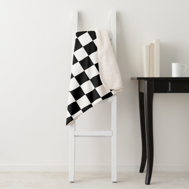Checkered squares black and white geometric retro sherpa blanket (In Situ)