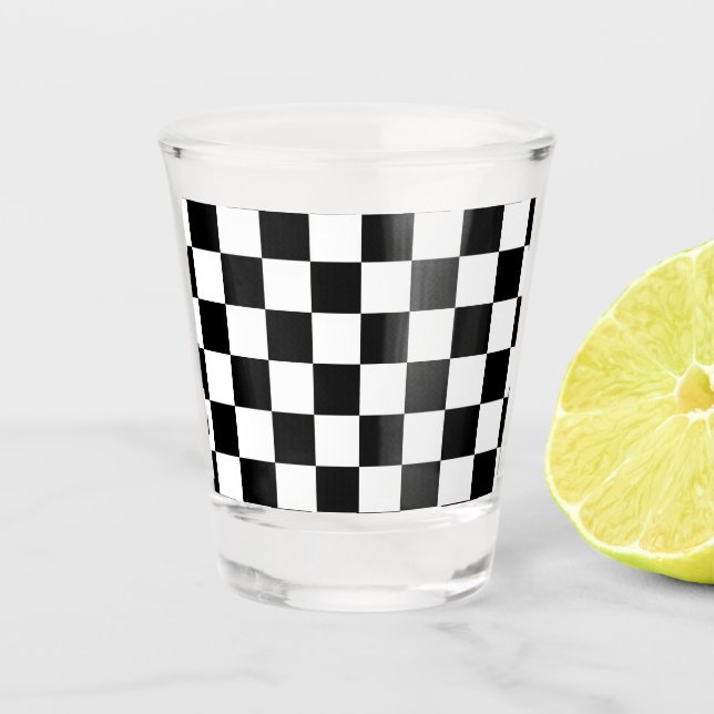 Checkered squares black and white geometric retro shot glass (Front)