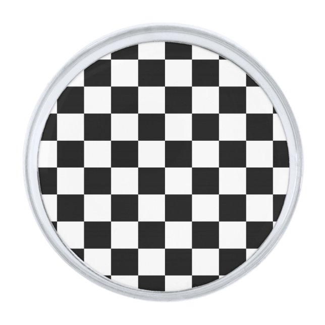 Checkered squares black and white geometric retro silver finish lapel pin (Front)