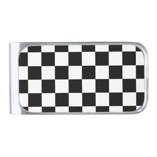 Checkered squares black and white geometric retro silver finish money clip