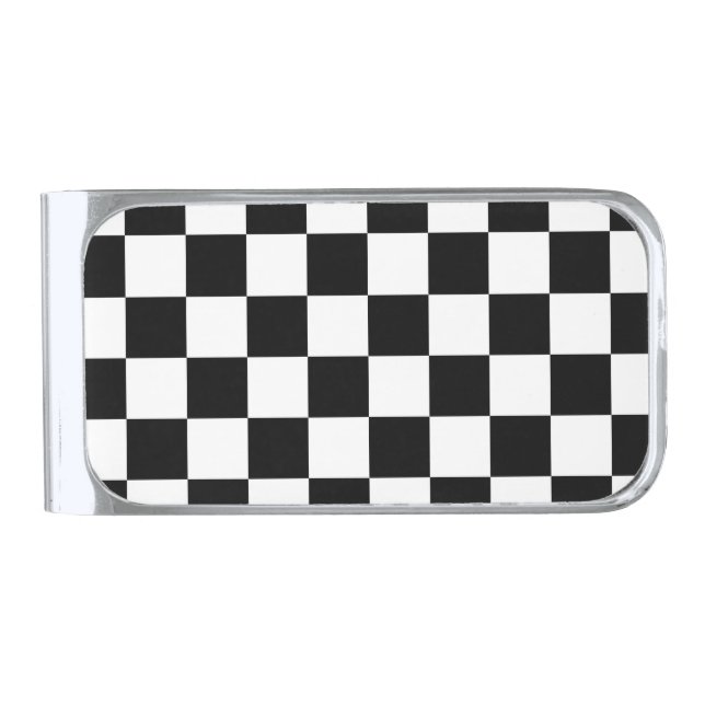 Checkered squares black and white geometric retro silver finish money clip (Front)