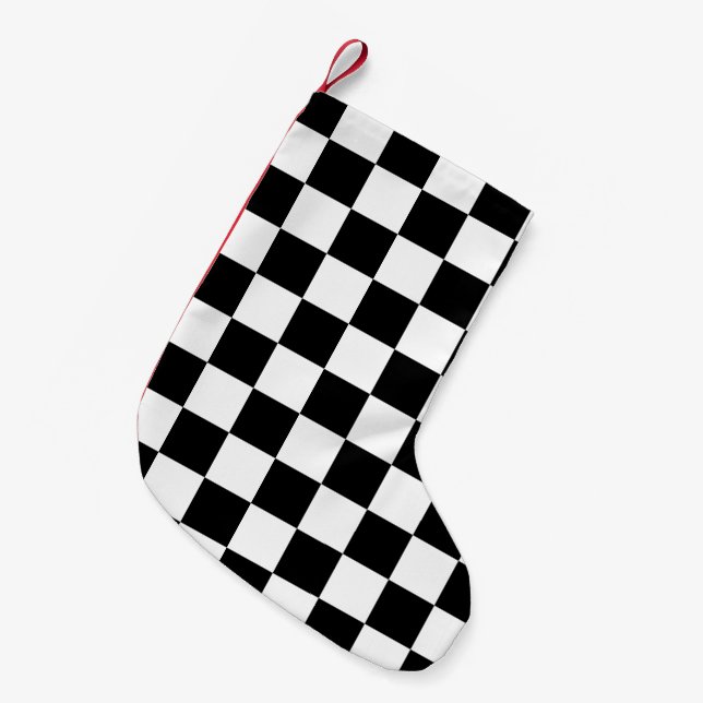Checkered squares black and white geometric retro small christmas stocking (Front (Hanging))