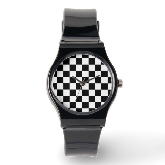 Checkered squares black and white geometric retro watch (Front)
