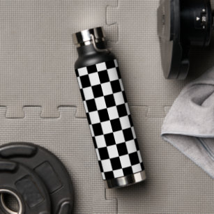 Check Checkered Checkerboard Geometric Black And White Pattern Water Bottle