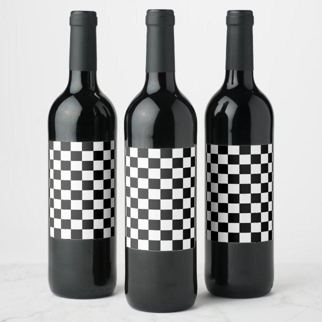 Checkered squares black and white geometric retro wine label (Bottles)