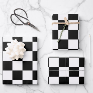 Checkered squares black and white geometric retro wrapping paper sheets
