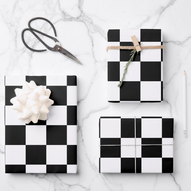 Checkered squares black and white geometric retro wrapping paper sheets (Front)