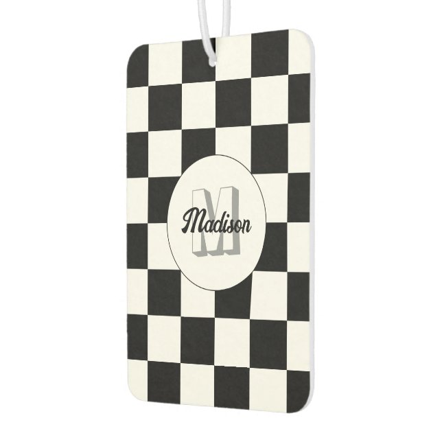 Checkered squares black and white retro Monogram Air Freshener (Left)