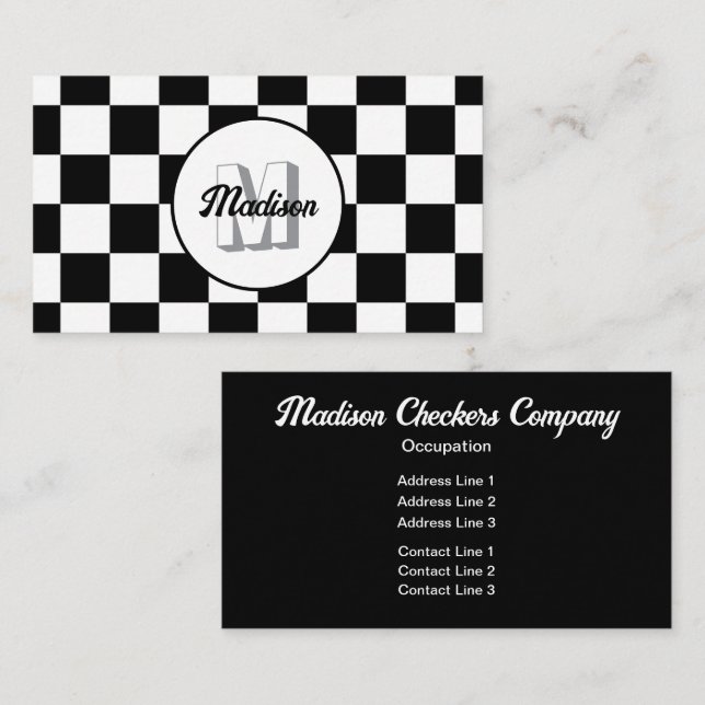 Checkered squares black and white retro Monogram Business Card (Front/Back)