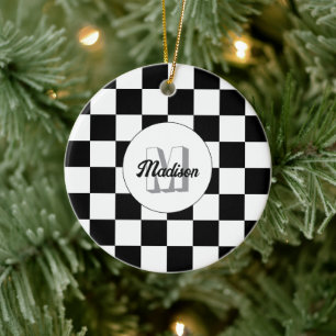 Checkered squares black and white retro Monogram Ceramic Ornament