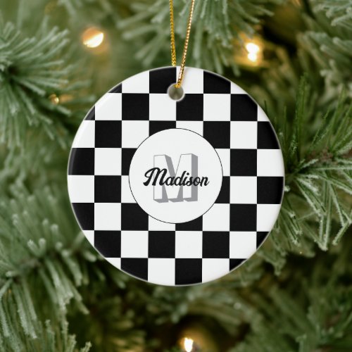 Checkered squares black and white retro Monogram Ceramic Ornament