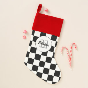 Checkered squares black and white retro Monogram Christmas Stocking