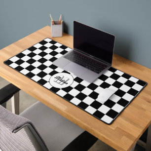 Checkered squares Black and White retro Monogram Desk Mat