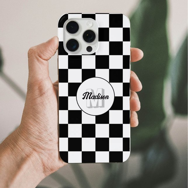 Checkered squares black and white retro Monogram iPhone Case (Creator Uploaded)