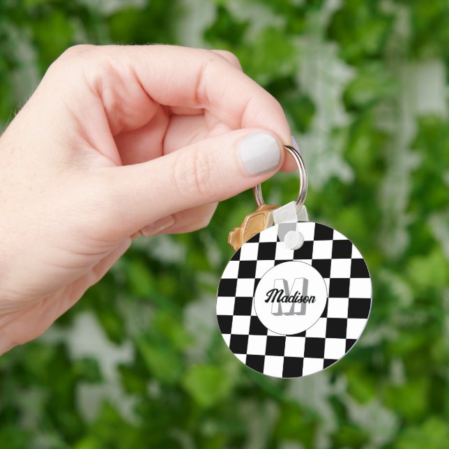 Checkered squares black and white retro Monogram Keychain (Hand)