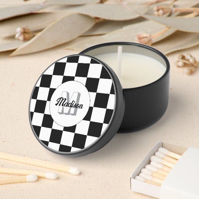 Checkered squares black and white retro Monogram Mini Candle Favors (Insitu)