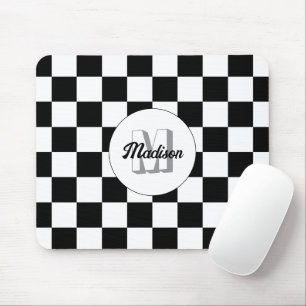 Checkered squares Black and White retro Monogram Mouse Pad