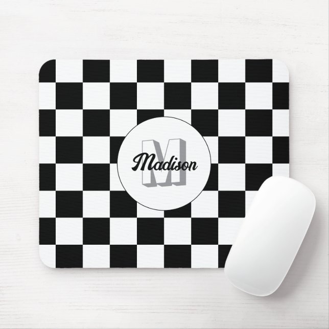 Checkered squares Black and White retro Monogram Mouse Pad (With Mouse)