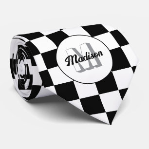 Checkered squares black and white retro Monogram Neck Tie