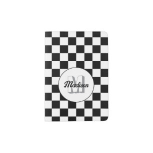 Checkered squares Black and White retro Monogram Passport Holder