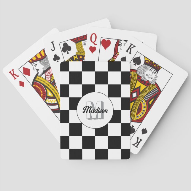 Checkered squares black and white retro Monogram Poker Cards (Back)