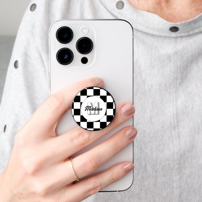 Checkered squares Black and White retro Monogram PopSocket (Hand)