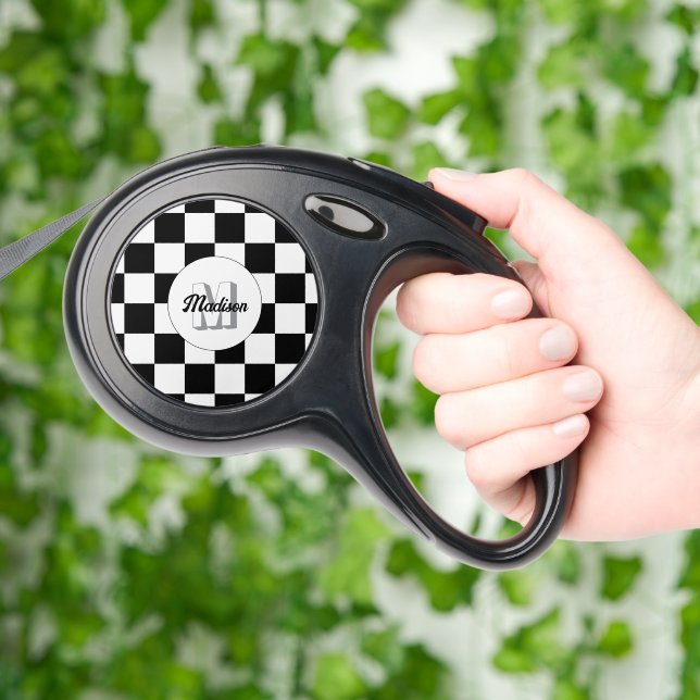 Checkered squares black and white retro Monogram Retractable Pet Leash (Hand)