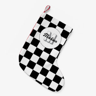 Checkered squares black and white retro Monogram Small Christmas Stocking