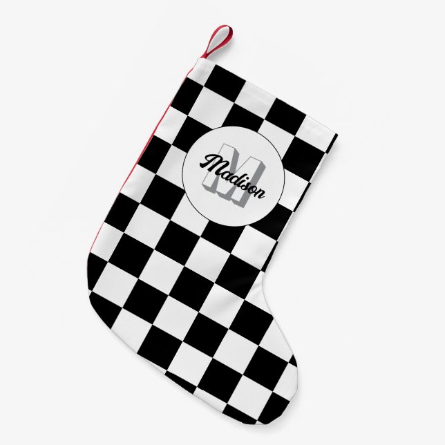Checkered squares black and white retro Monogram Small Christmas Stocking (Front (Hanging))
