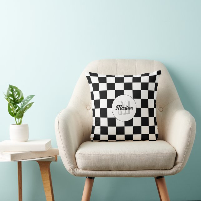 Checkered squares Black and White retro Monogram Throw Pillow (Chair)