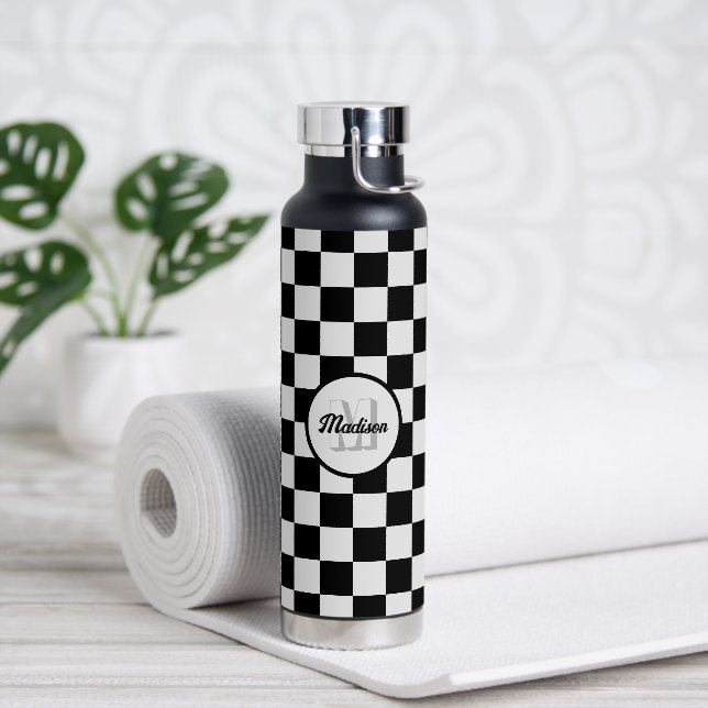 Checkered squares black and white retro Monogram Water Bottle (Yoga)