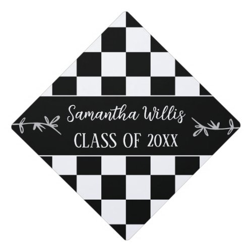 Checkered squares Black White retro Custom name Graduation Cap Topper